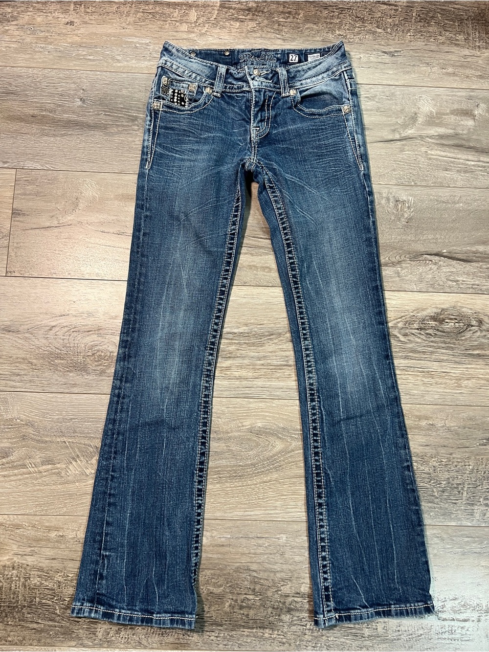 Miss Me 27 J P 5002-16 Boot Denim Jeans Rhinestones, Studs, Leather Biker